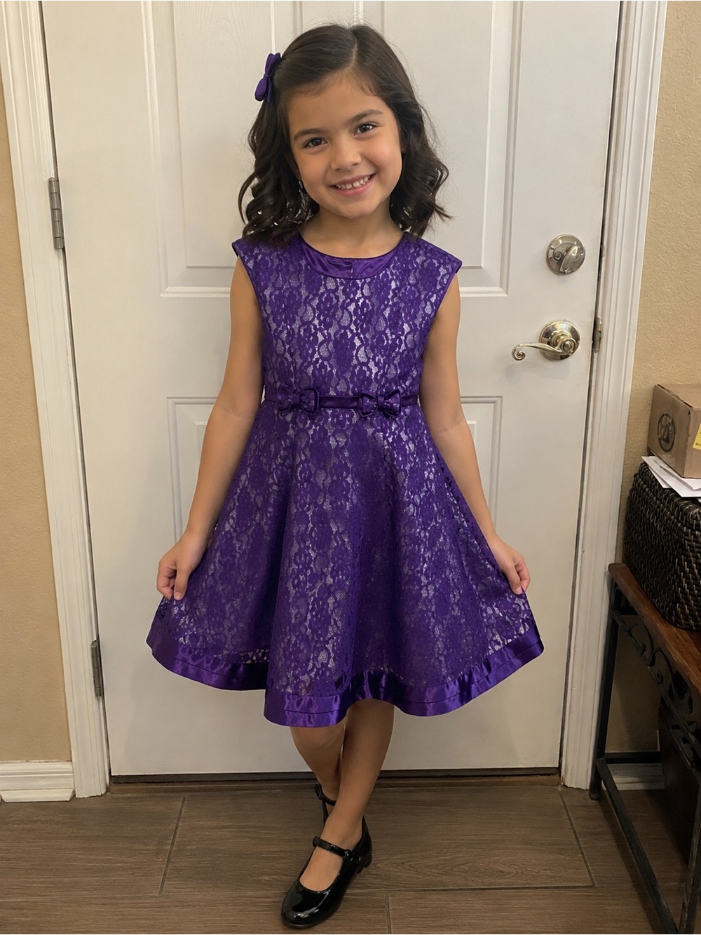 Girls' Purple Lace Metallic Party Dress with Bow Waist